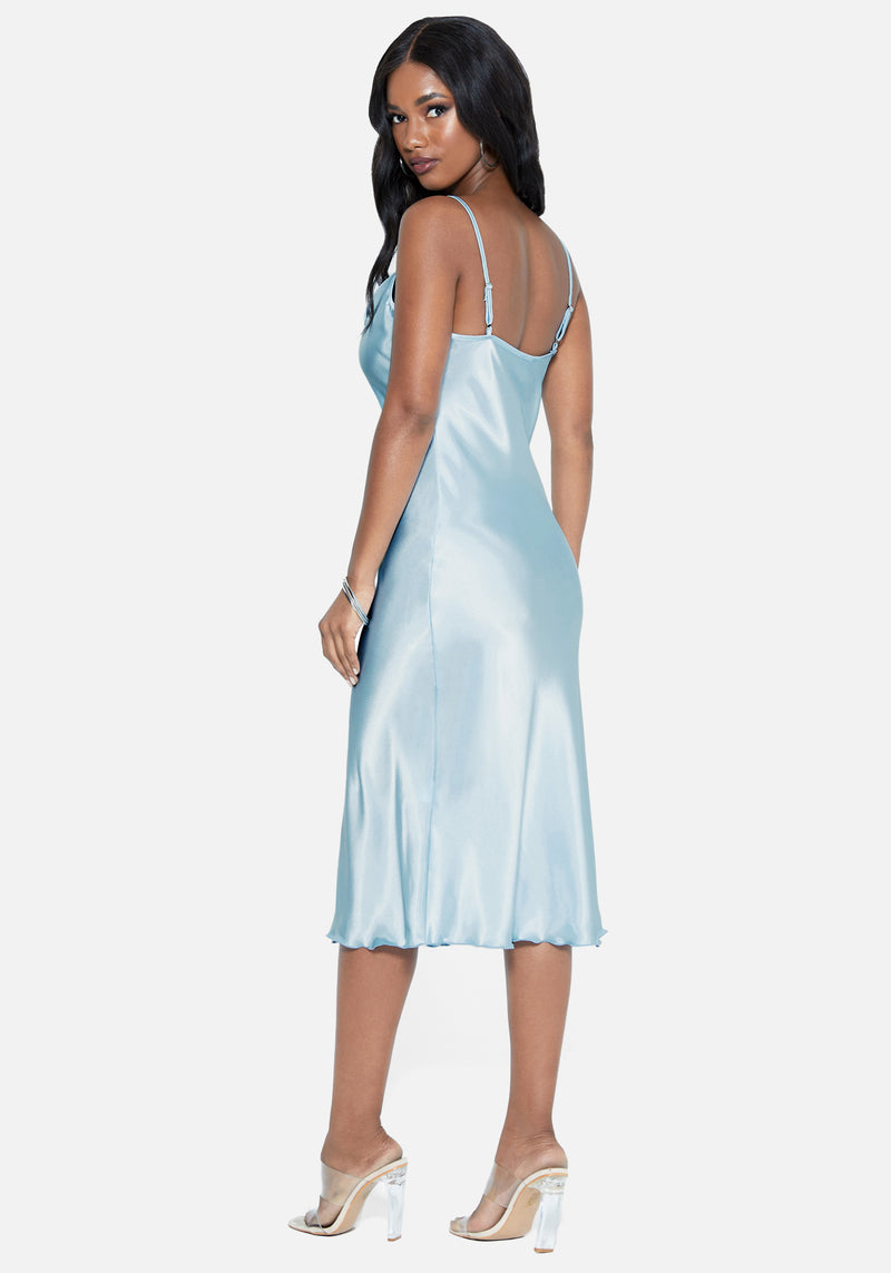 Satin Cowl Neck Slip Midi Dress | bebe